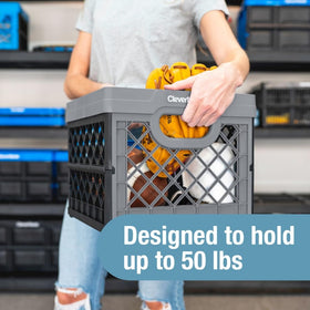 CleverMade heavy-duty folding crate with 50 lb capacity ideal for garage organization.