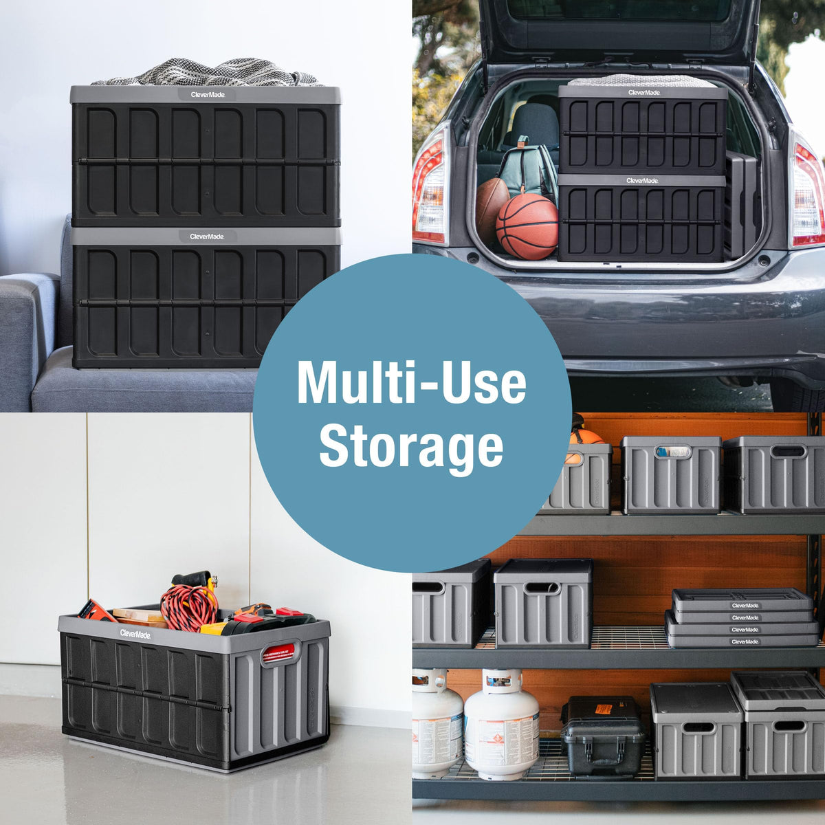 CleverMade heavy-duty polypropylene bin supports up to 100 lbs for hauling.