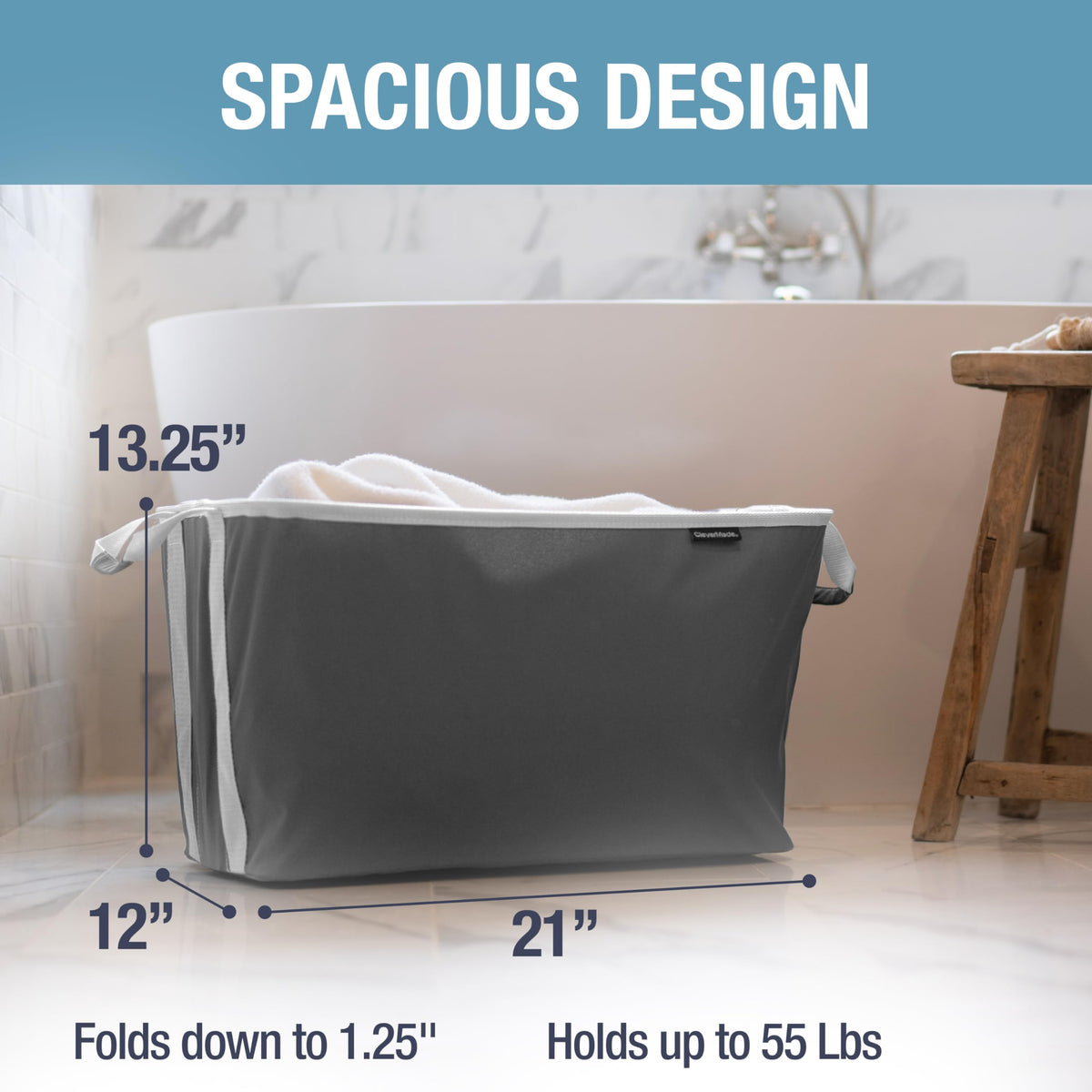 CleverMade laundry basket with reinforced rim stays upright during loading.