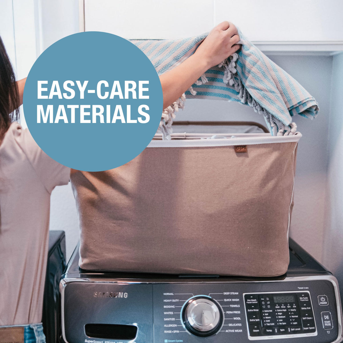 CleverMade LUXE 60L capacity demonstrates practical laundry use