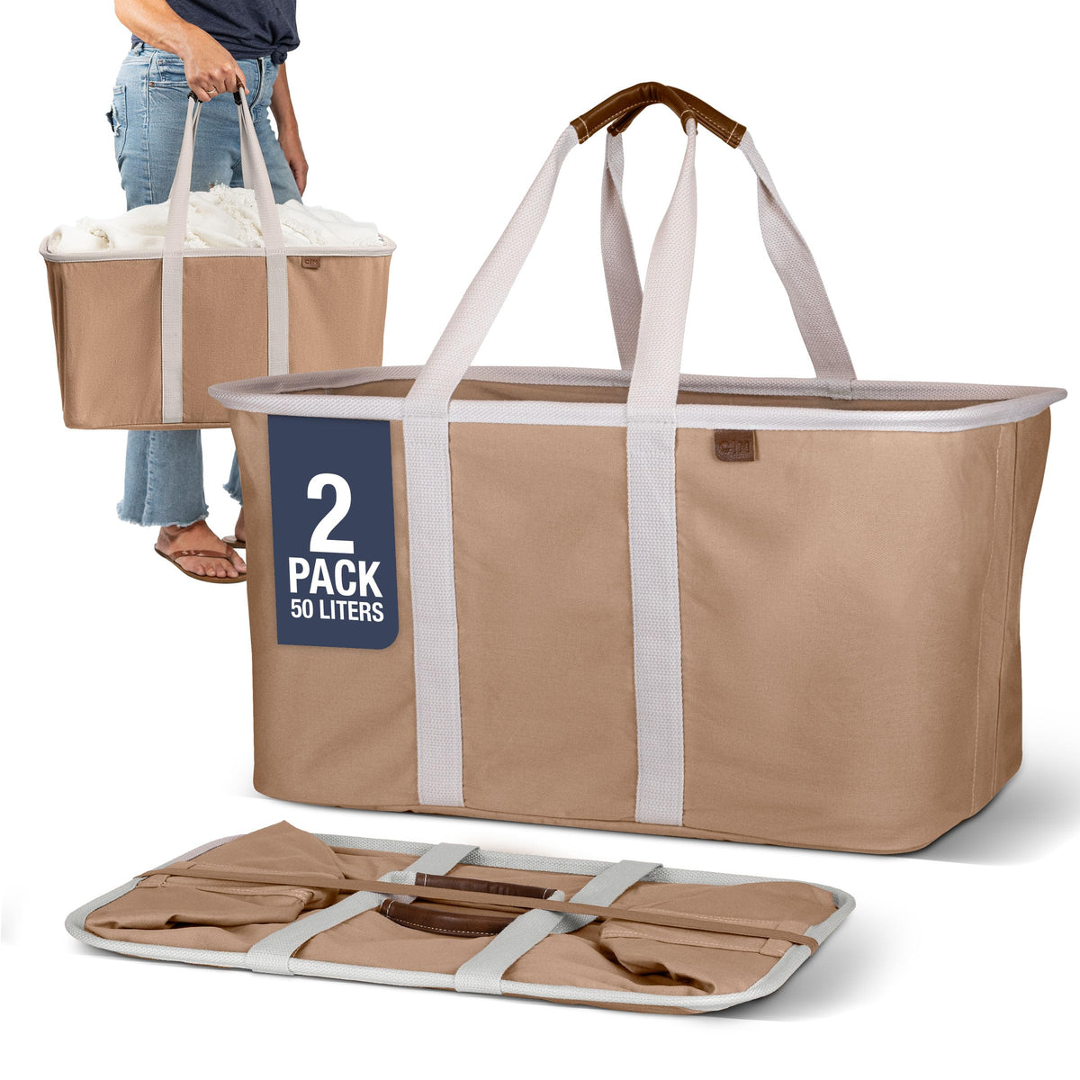 CleverMade Luxe Laundry Tote mochas closed, durable 50L capacity for laundry transport.
