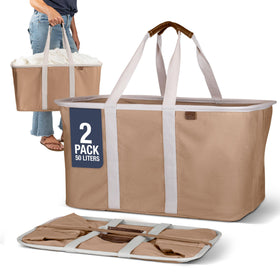 CleverMade Luxe Laundry Tote mochas closed, durable 50L capacity for laundry transport.