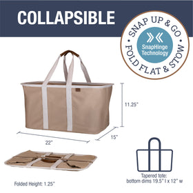 CleverMade Luxe Laundry Tote mocha open, showing 50L storage capacity in use.