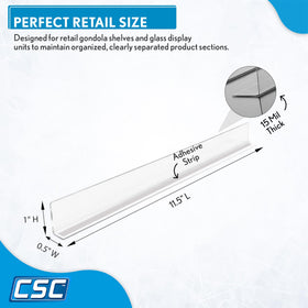 Clip Strip adhesive mount divider shown enabling easy repositioning on metal or glass shelves