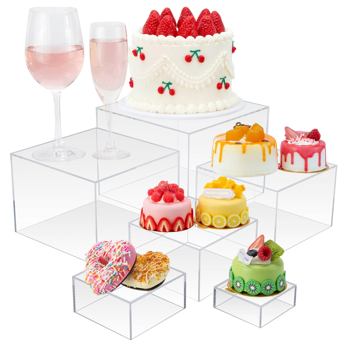 Cliselda clear display box 8x8x6 inch riser, ideal for desserts and treats.