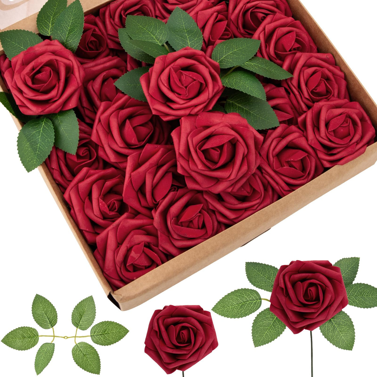 Cliselda red foam roses bulk pack, 100 stems, ideal for DIY bouquets and centerpieces.