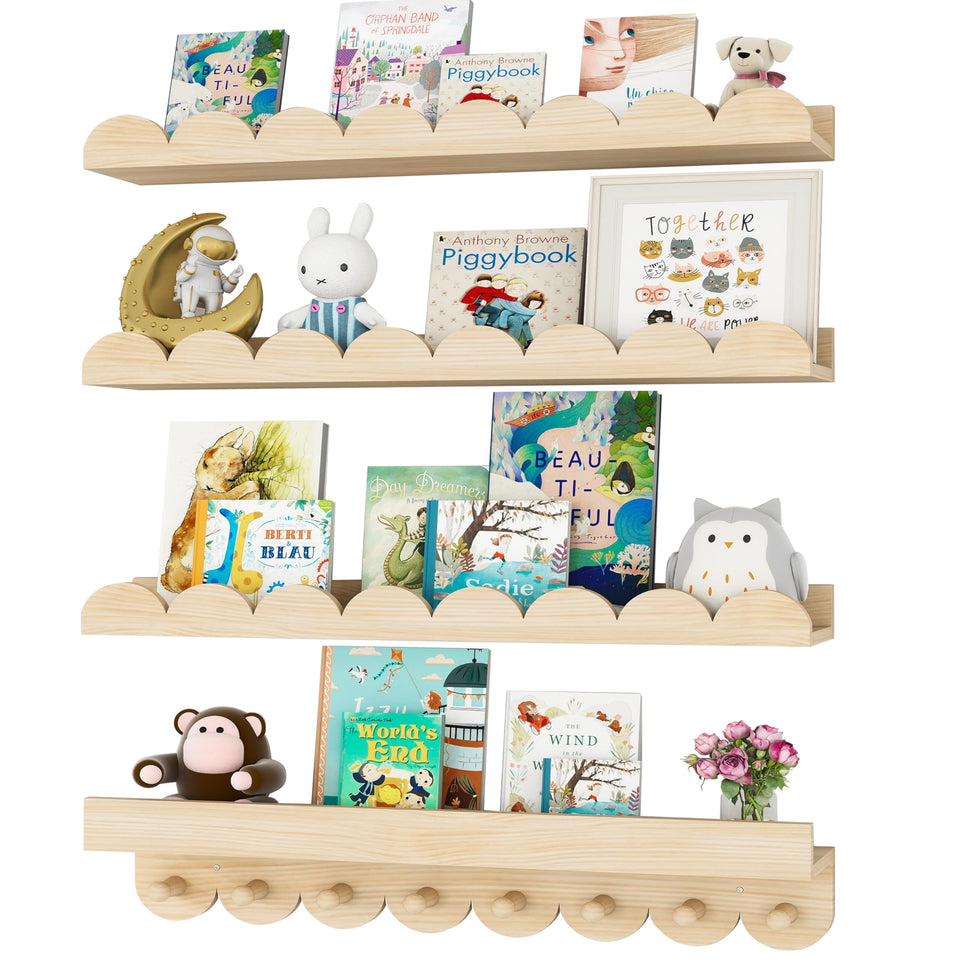 CLLASOU 24-inch floating shelf on wall, natural wood grain, great for nursery storage.