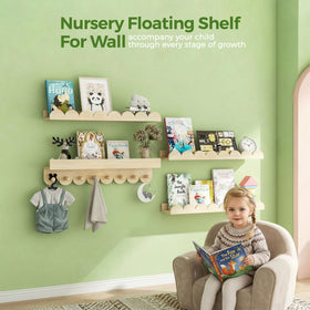 CLLASOU nursery shelves with hooks for clothes or toys.