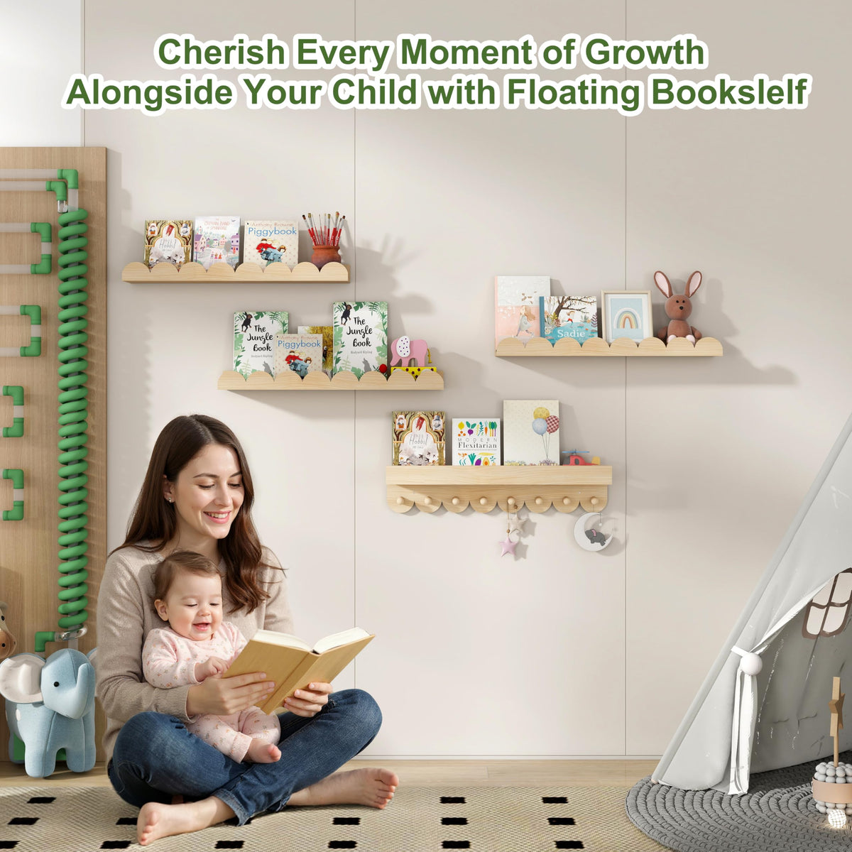 CLLASOU scalloped-edge wall shelf adds safe, elegant detail to kids' rooms.