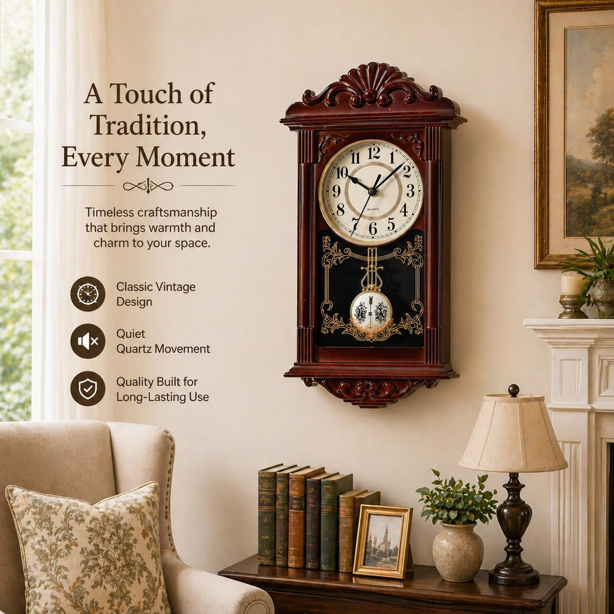 Clockswise battery-operated wall clock, no wires, tidy wall appearance.