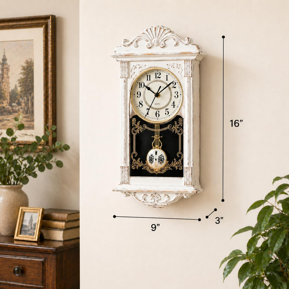 Clockswise pendulum closeup highlights craftsmanship, ideal for showcasing traditional design.