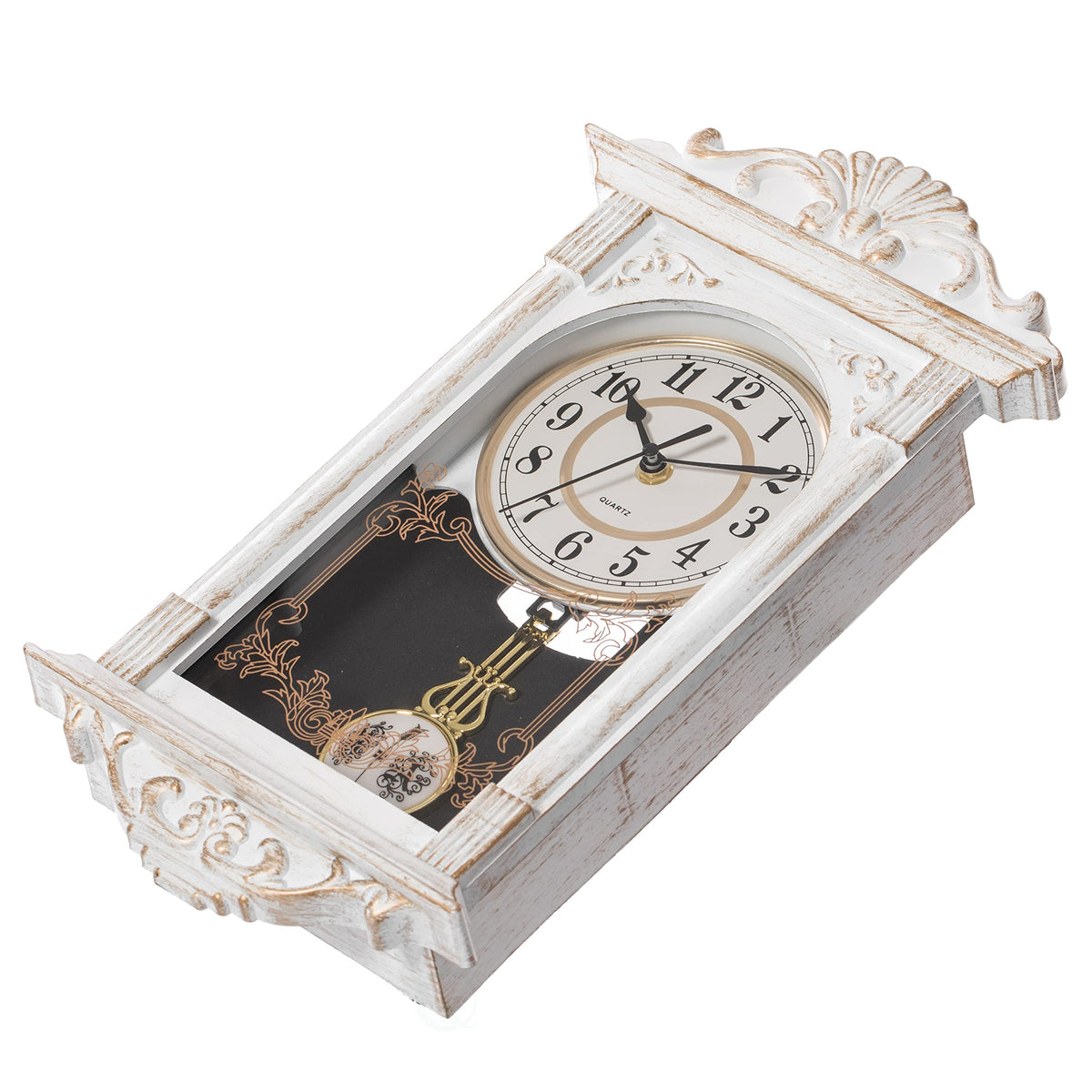 Clockswise regulator-style 9x16 white clock adds classic presence.