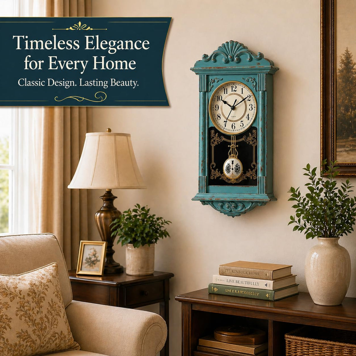 Clockswise vintage grandfather-style wall clock blue case complements modern interiors.