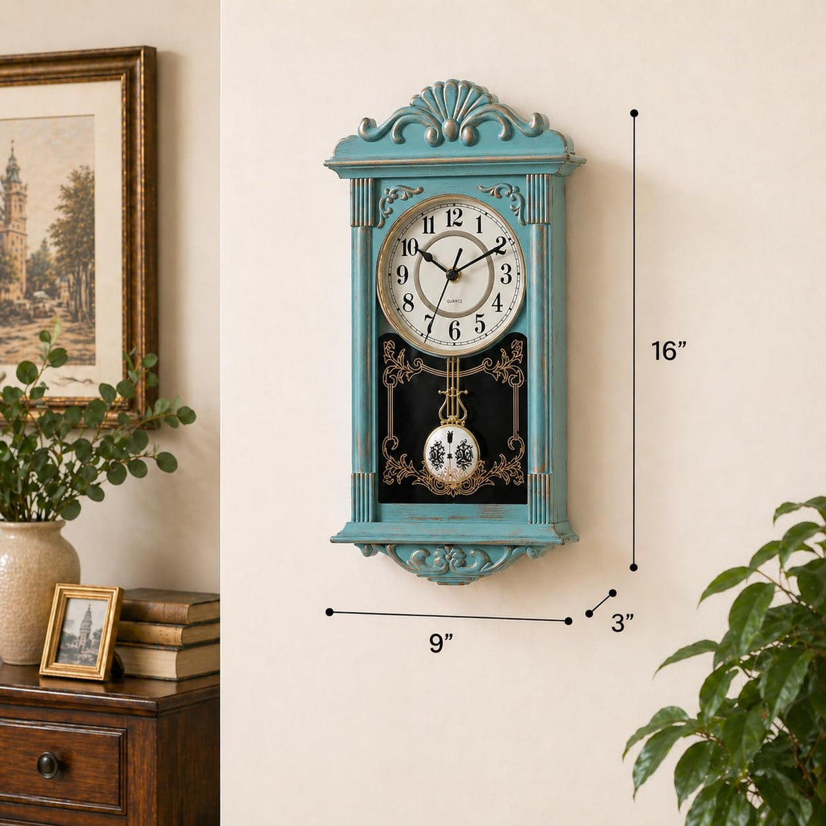 Clockswise vintage grandfather-style wall clock blue dial adds classic kitchen charm.