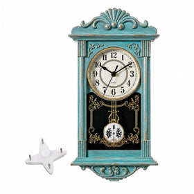 Clockswise vintage grandfather-style wall clock with blue pendulum enhances living room ambiance.