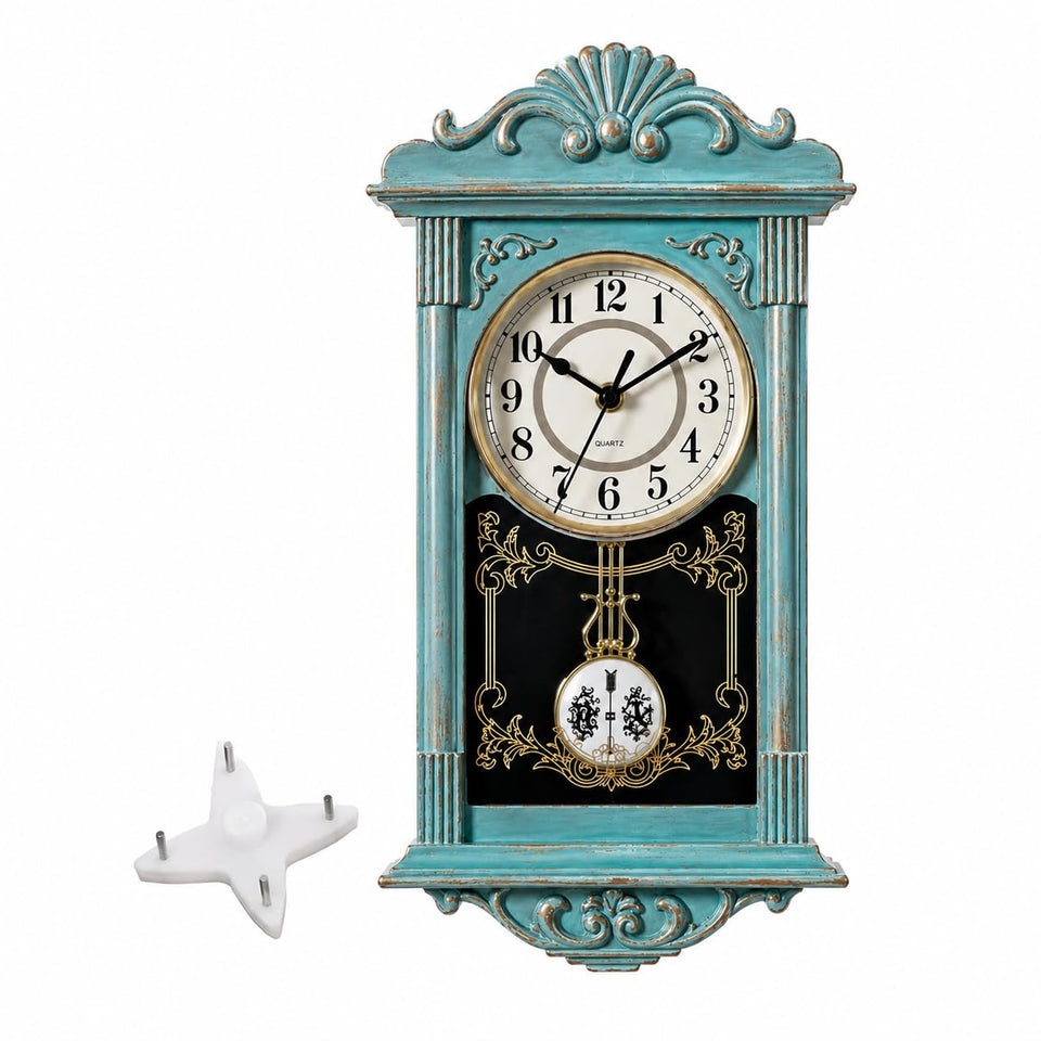 Clockswise vintage grandfather-style wall clock with blue pendulum enhances living room ambiance.