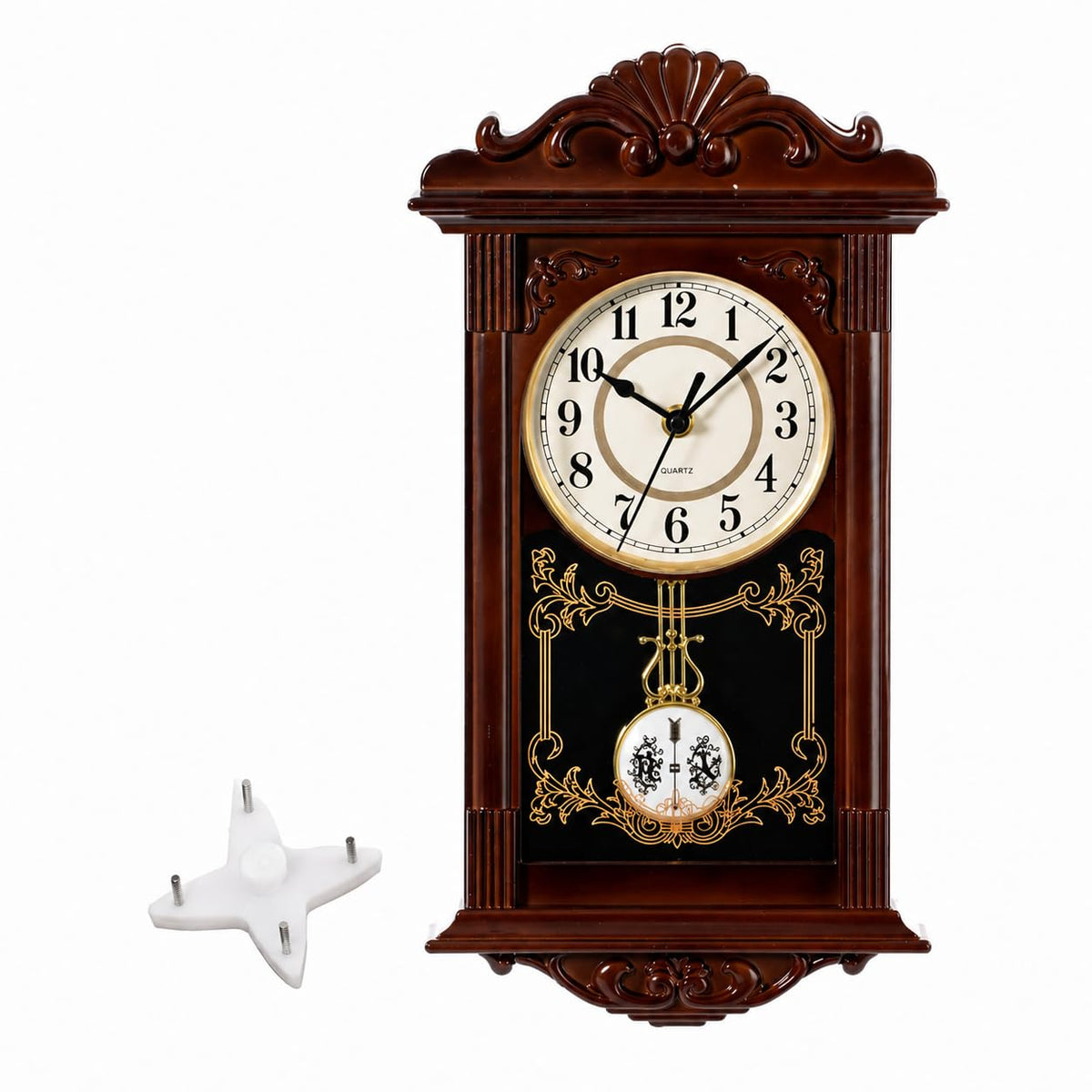 Clockswise vintage grandfather-style wall clock, front view, adds classic living room charm.
