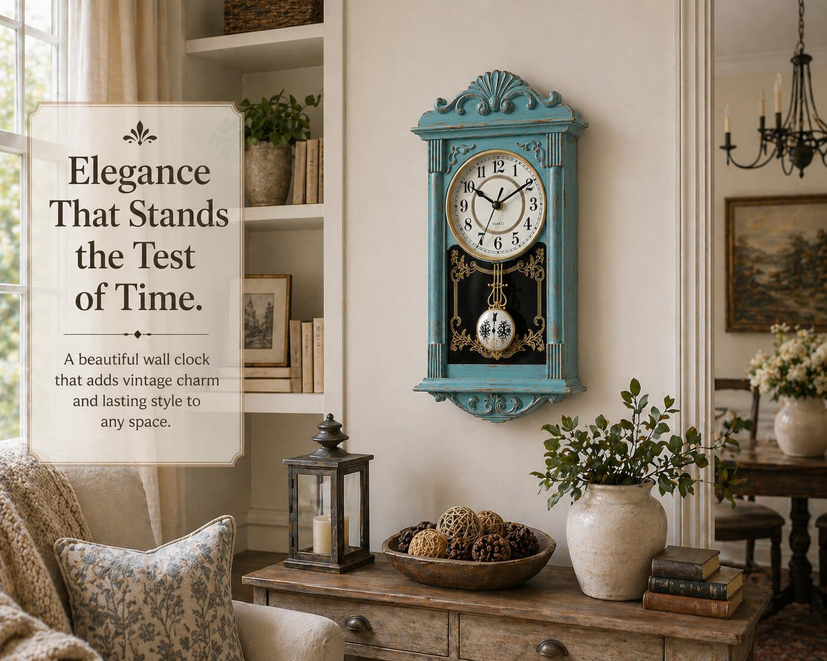 Clockswise vintage grandfather-style wall clock for kitchen decor.