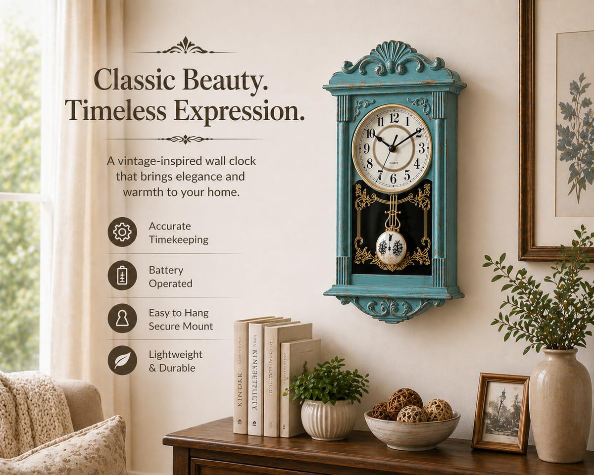Clockswise vintage grandfather-style wall clock pendulum detail accentuates decor.