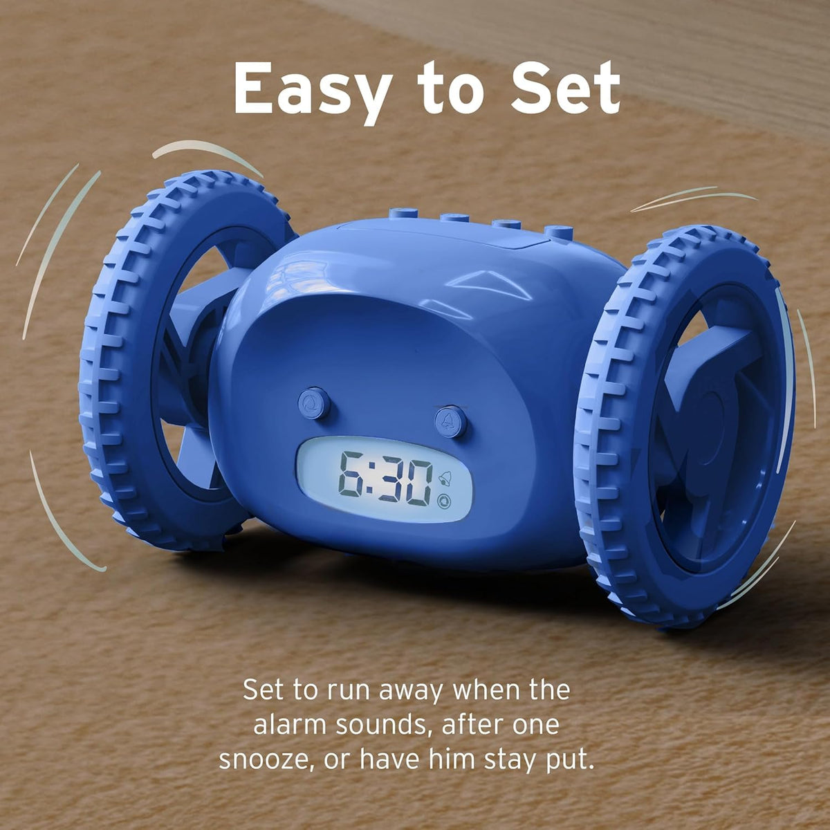 CLOCKY on wheels bedside scene demonstrates dorm-friendly wake-up companion.