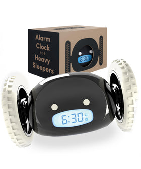 CLOCKY alarm clock on wheels beside the bed, waking you with motion.