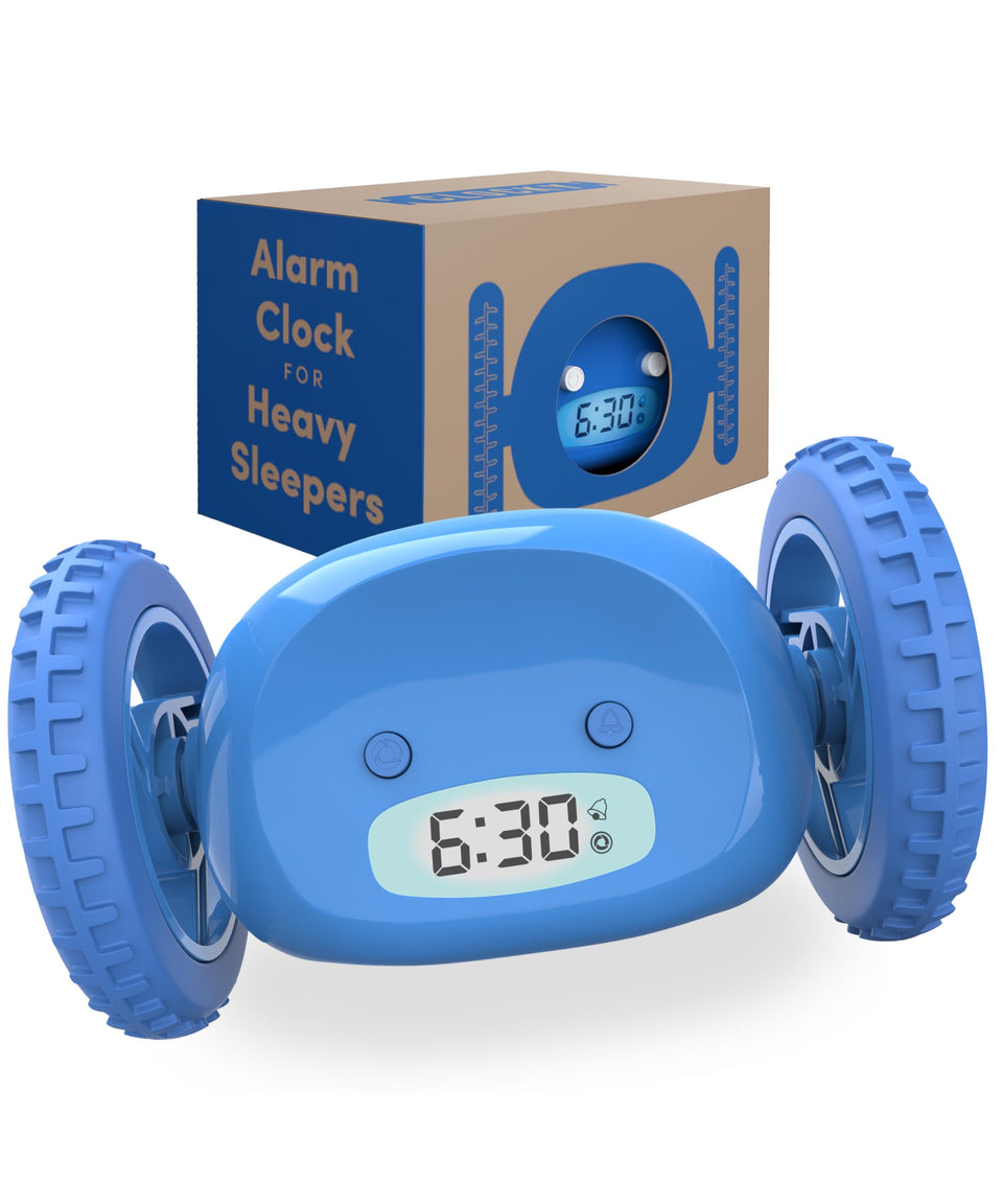 CLOCKY on wheels front view shows the rolling alarm in action for heavy sleepers.
