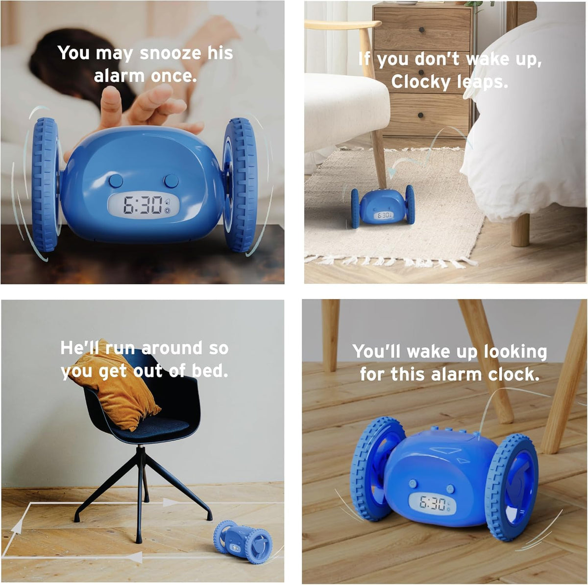 CLOCKY on wheels rubber wheels emphasize sturdy movement during mornings.