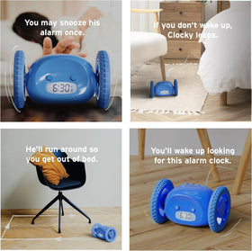 CLOCKY on wheels rubber wheels emphasize sturdy movement during mornings.