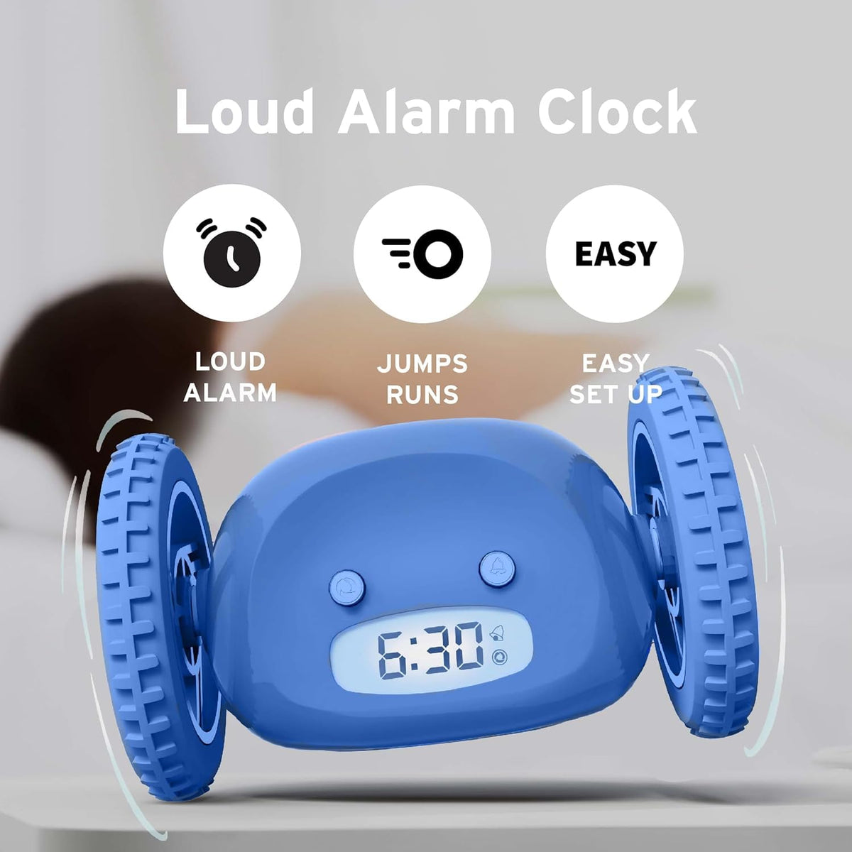 CLOCKY on wheels side view illustrates how it escapes the bedside to wake you.