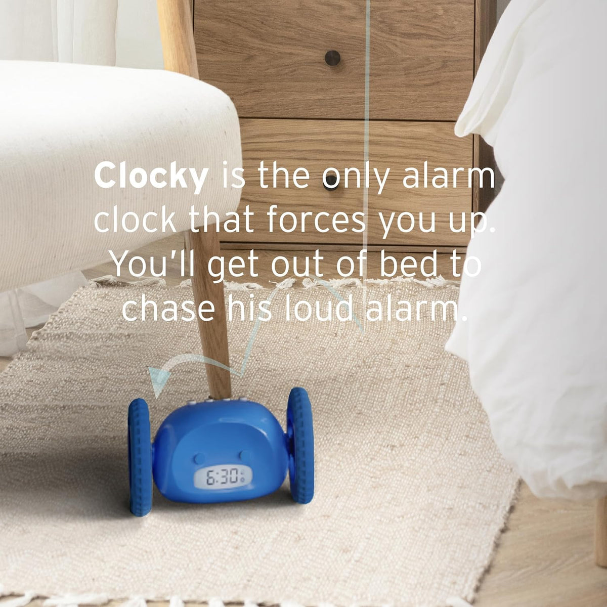 CLOCKY on wheels ticking sound conveys a noticeable wake-up cue.