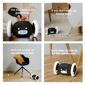 CLOCKY on nightstand offers a fun, practical wake-up companion.