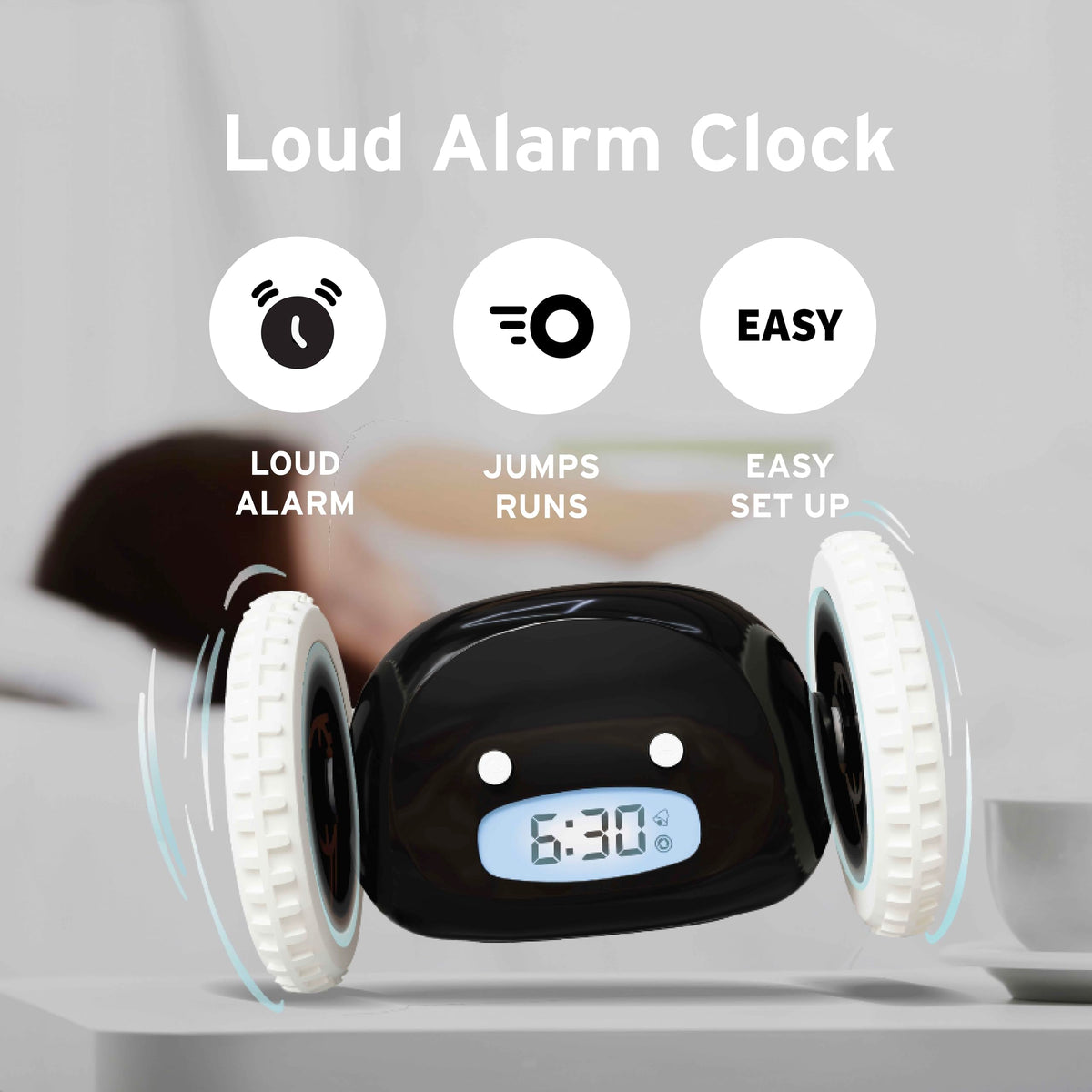 CLOCKY jumps off the nightstand to nudge heavy sleepers awake.