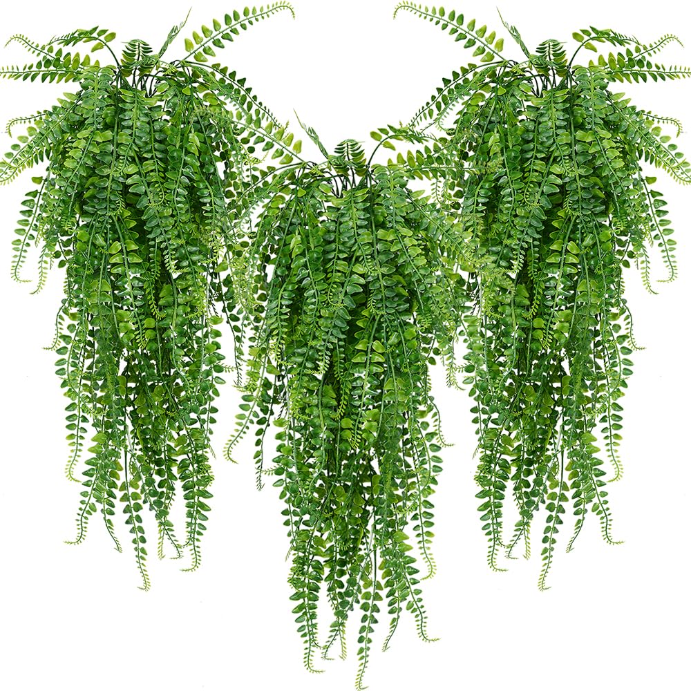 CLONG 6-pcs artificial hanging ferns, 33 inches long, ideal for sunlit porches.