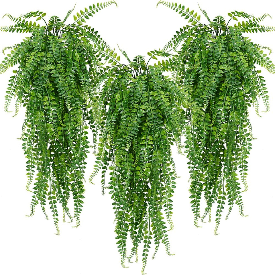 CLONG 6-pcs artificial hanging ferns, 33 inches long, ideal for sunlit porches.