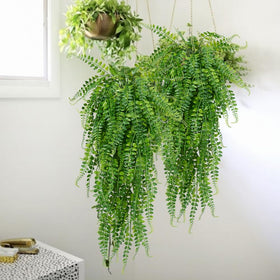 CLONG dust-washable artificial hanging plants for easy maintenance.