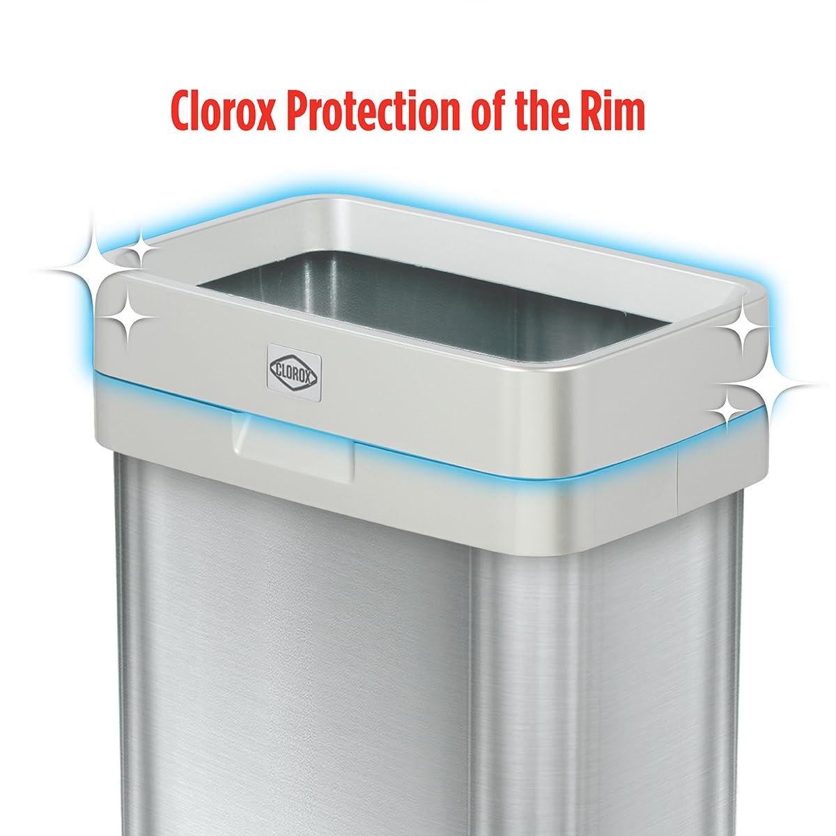 Clorox 13-gallon trash can hinged rim, tidy bag removal.