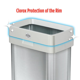 Clorox 13-gallon trash can hinged rim, tidy bag removal.