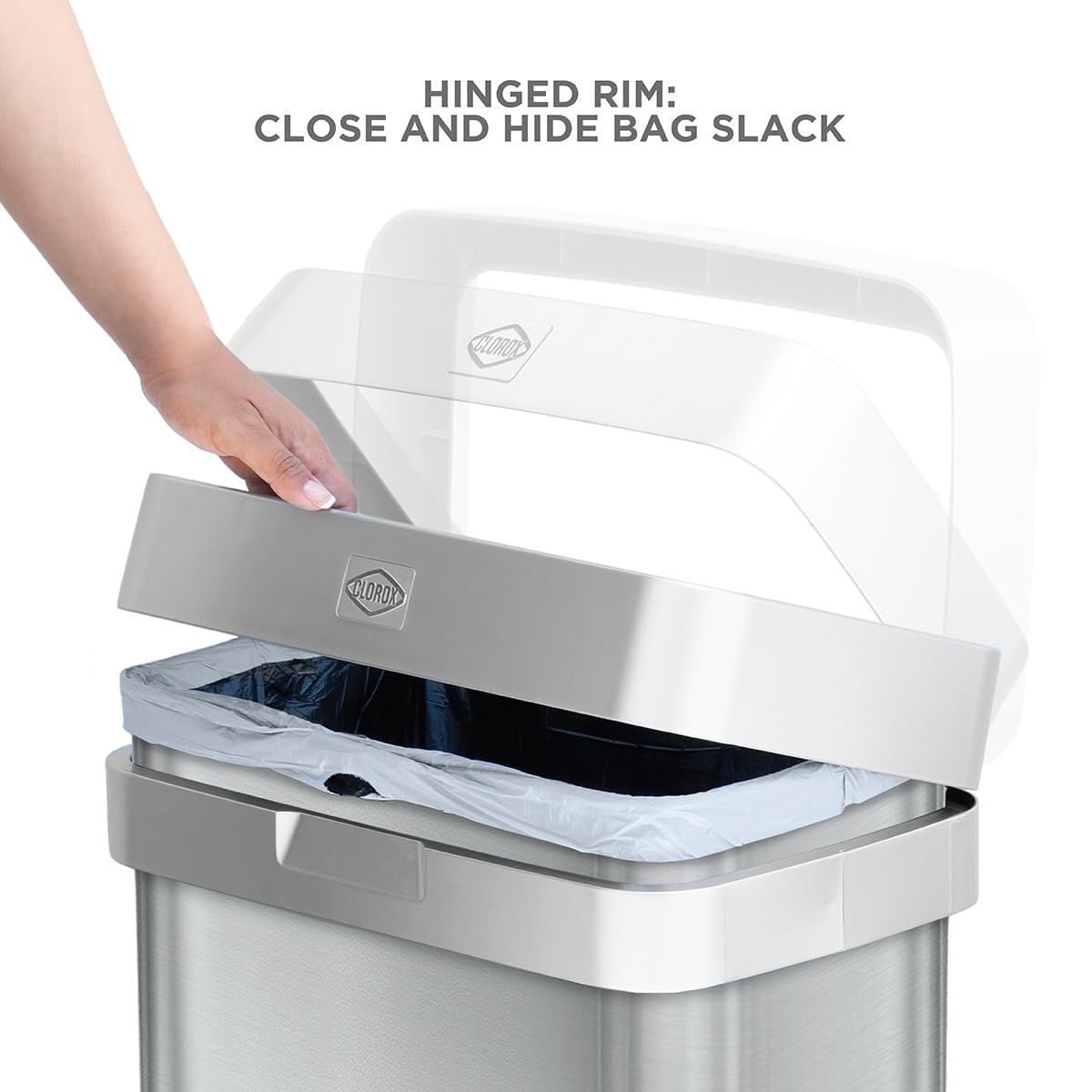 Clorox 13-gallon open-top trash can, wide mouth for quick disposal.