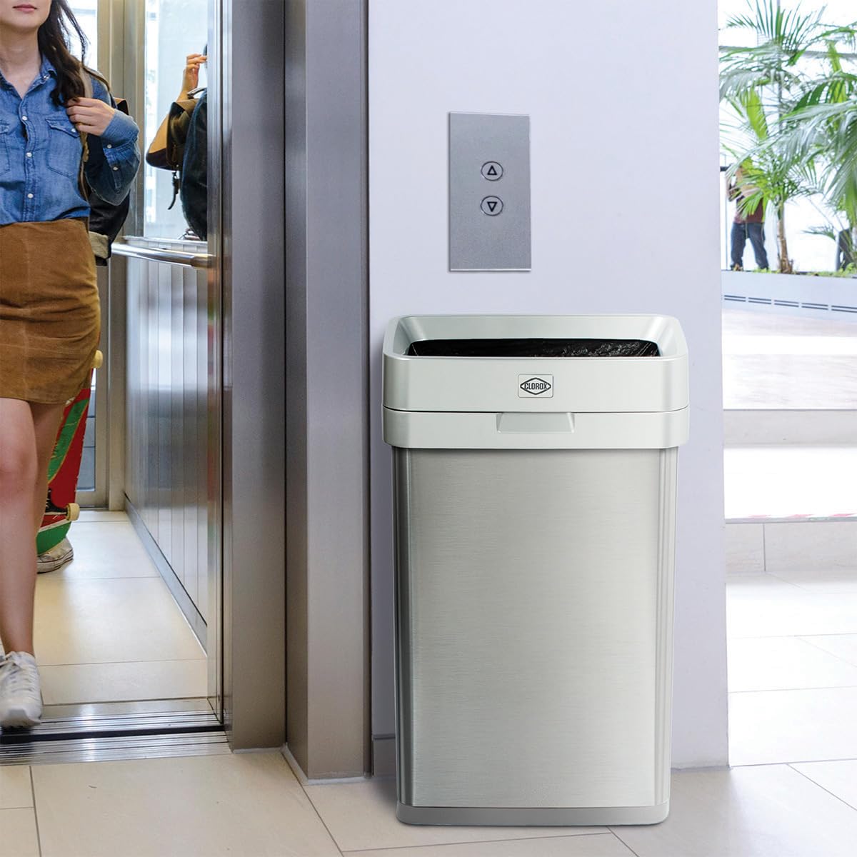 Clorox 13-gallon trash can for restrooms and offices, versatile use.