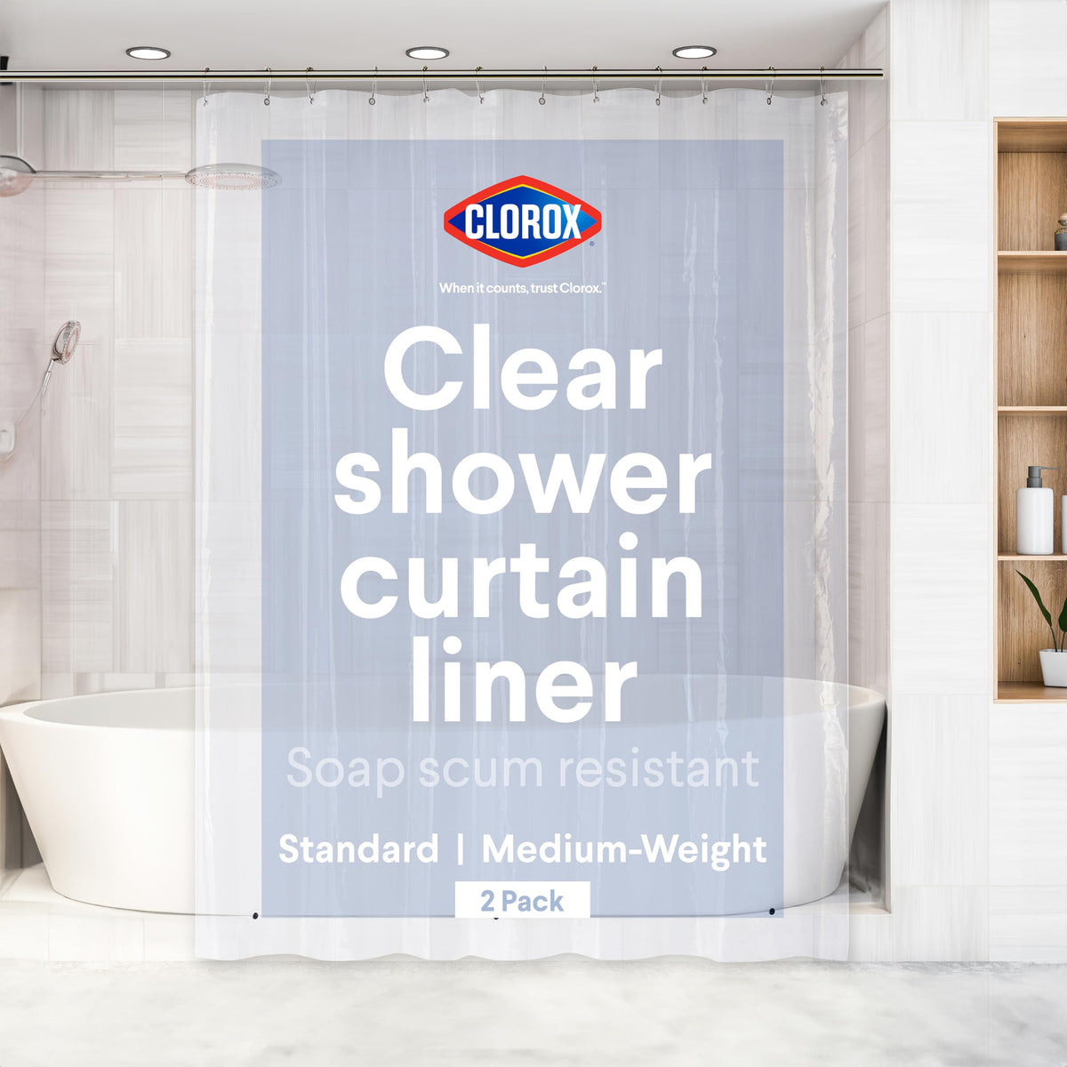 Clorox shower curtain liner in clear finish coordinates with any bathroom while containing water