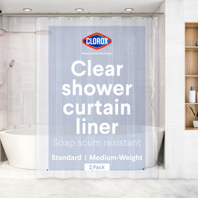Clorox shower curtain liner in clear finish coordinates with any bathroom while containing water