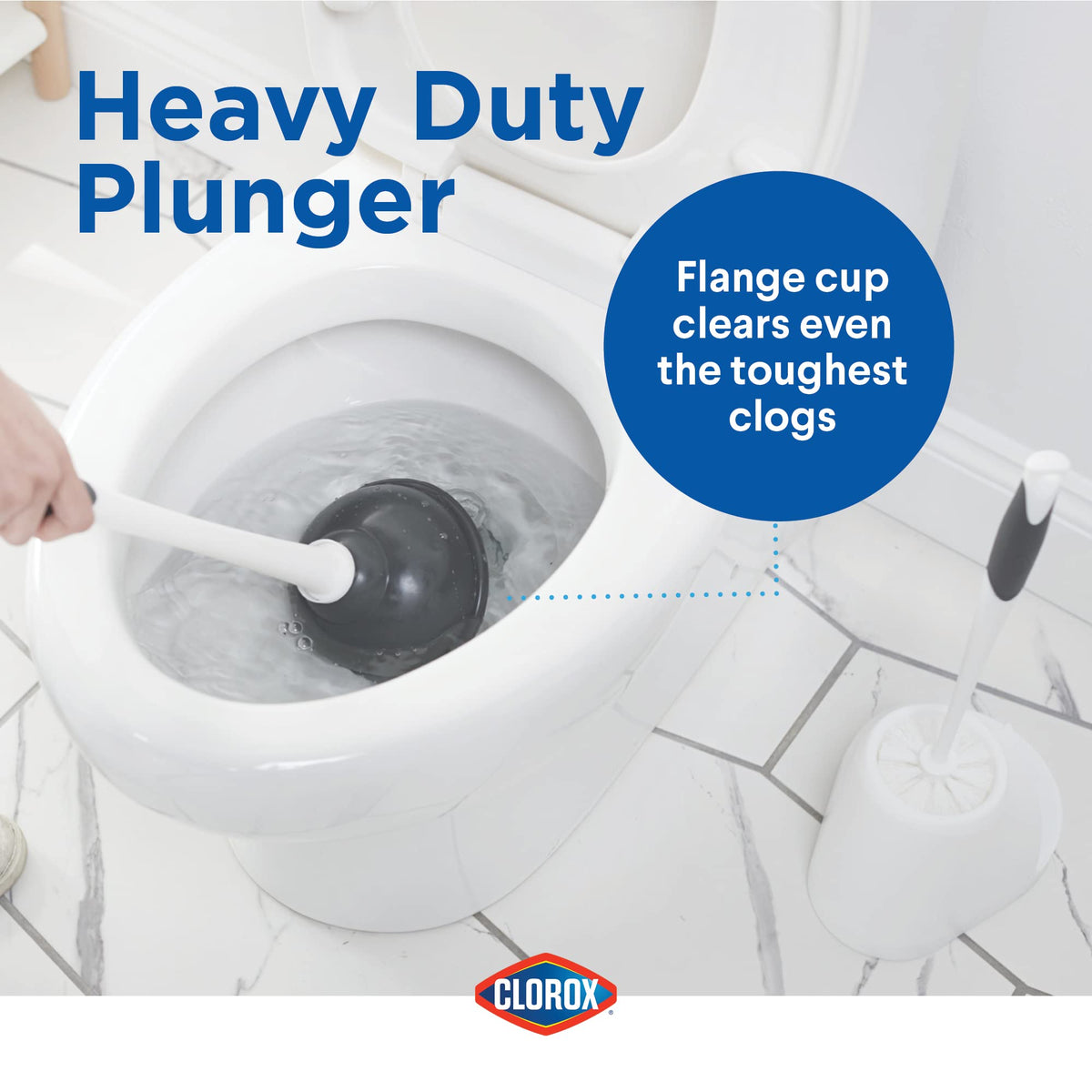 Clorox toilet brush with durable bristles for reaching under rim.