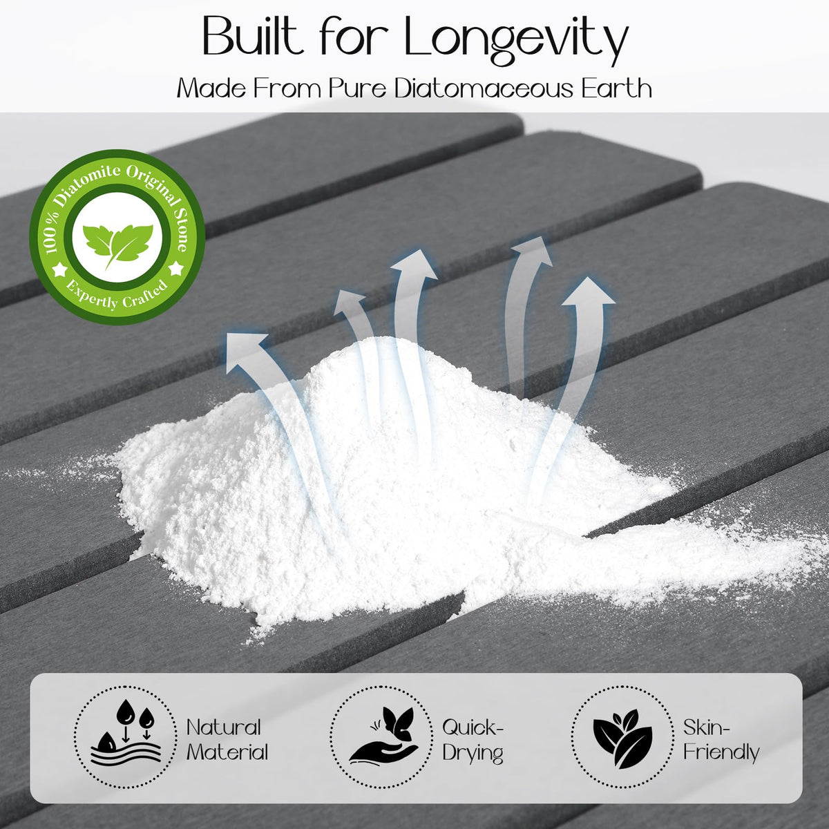 Closefriend stone bath mat quickly dries feet after a shower.