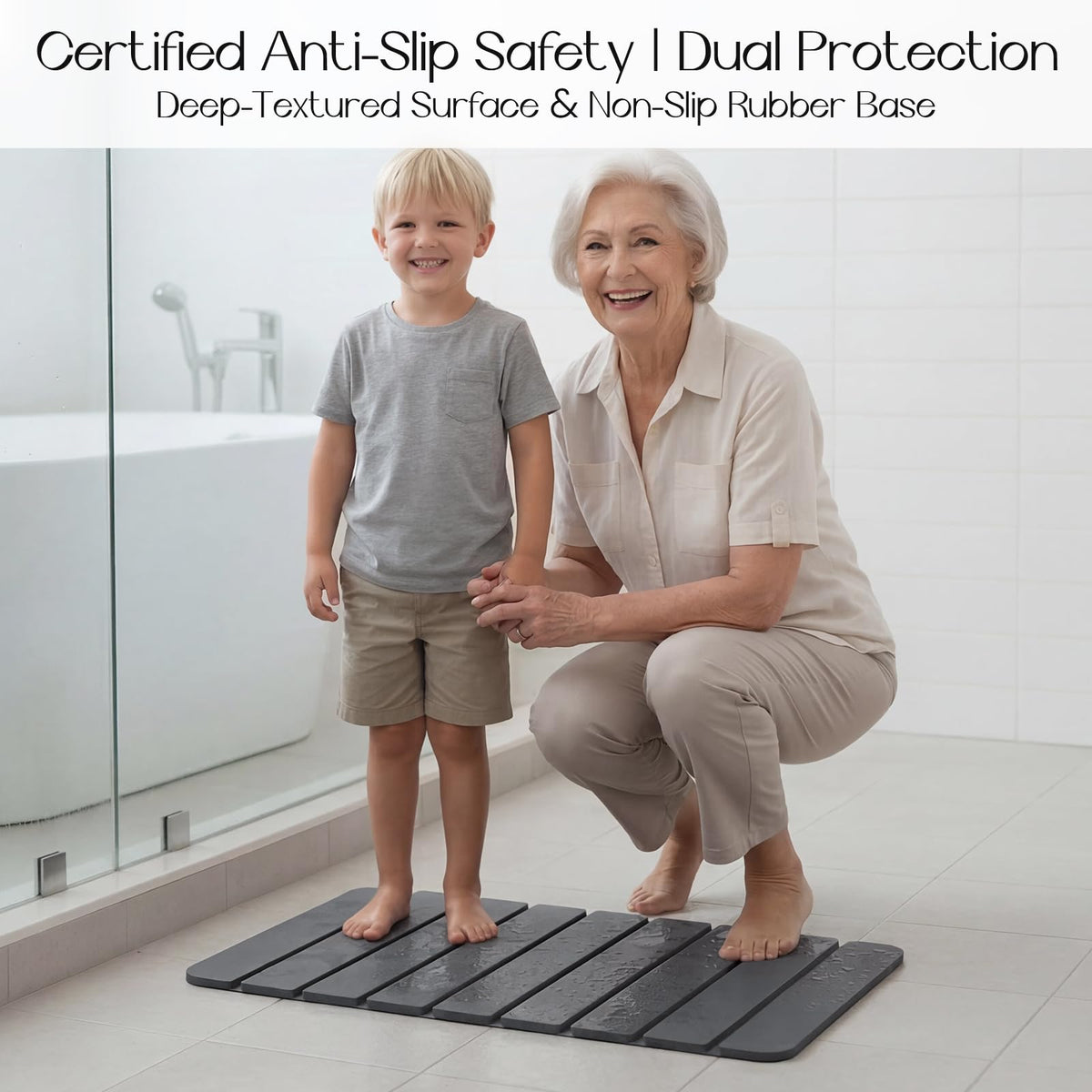 Closefriend textured surface provides reliable grip in high-traffic bathrooms.