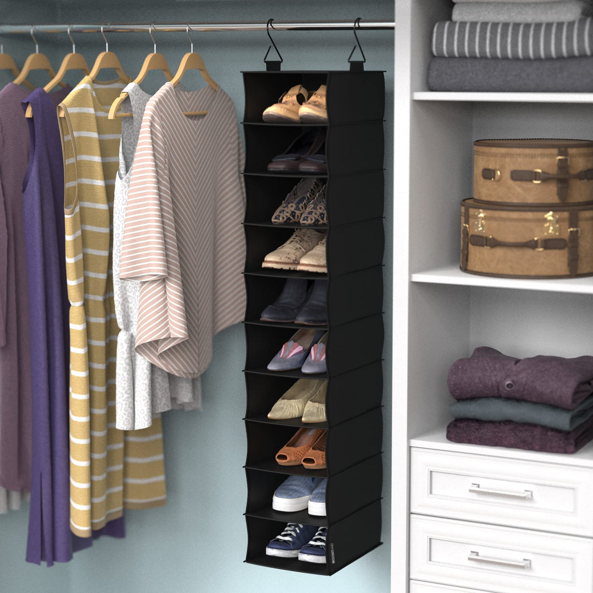 ClosetMaid 20502 ten-compartment shoe storage keeps pairs together