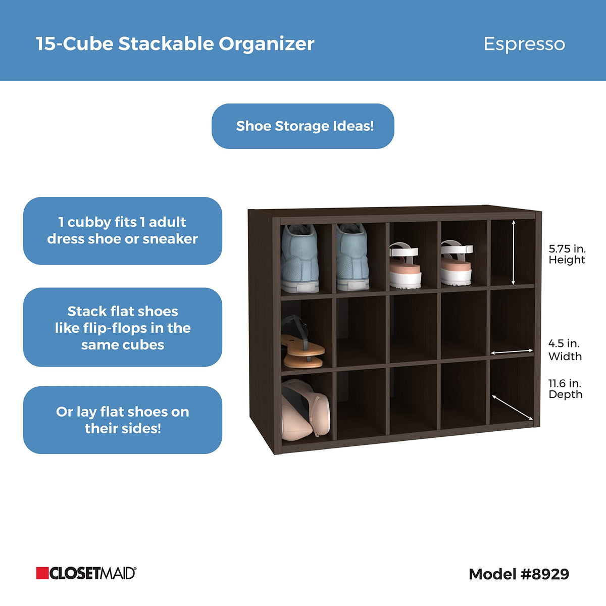 ClosetMaid espresso stackable unit displaying shoes neatly on shelves.
