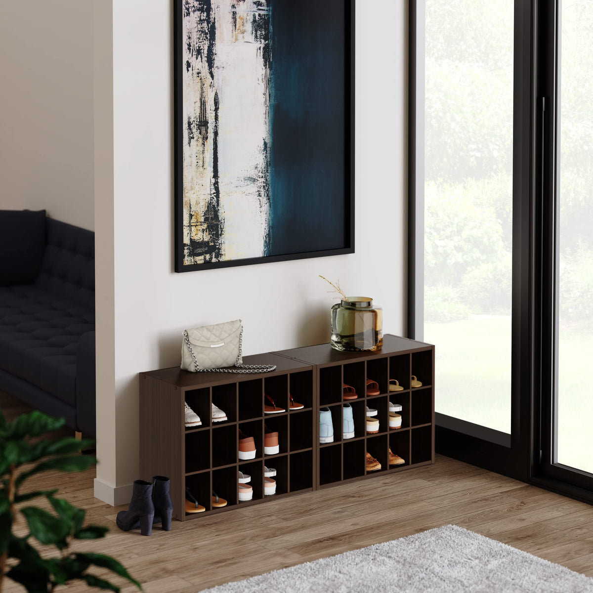 ClosetMaid espresso cubes organize media and office supplies.