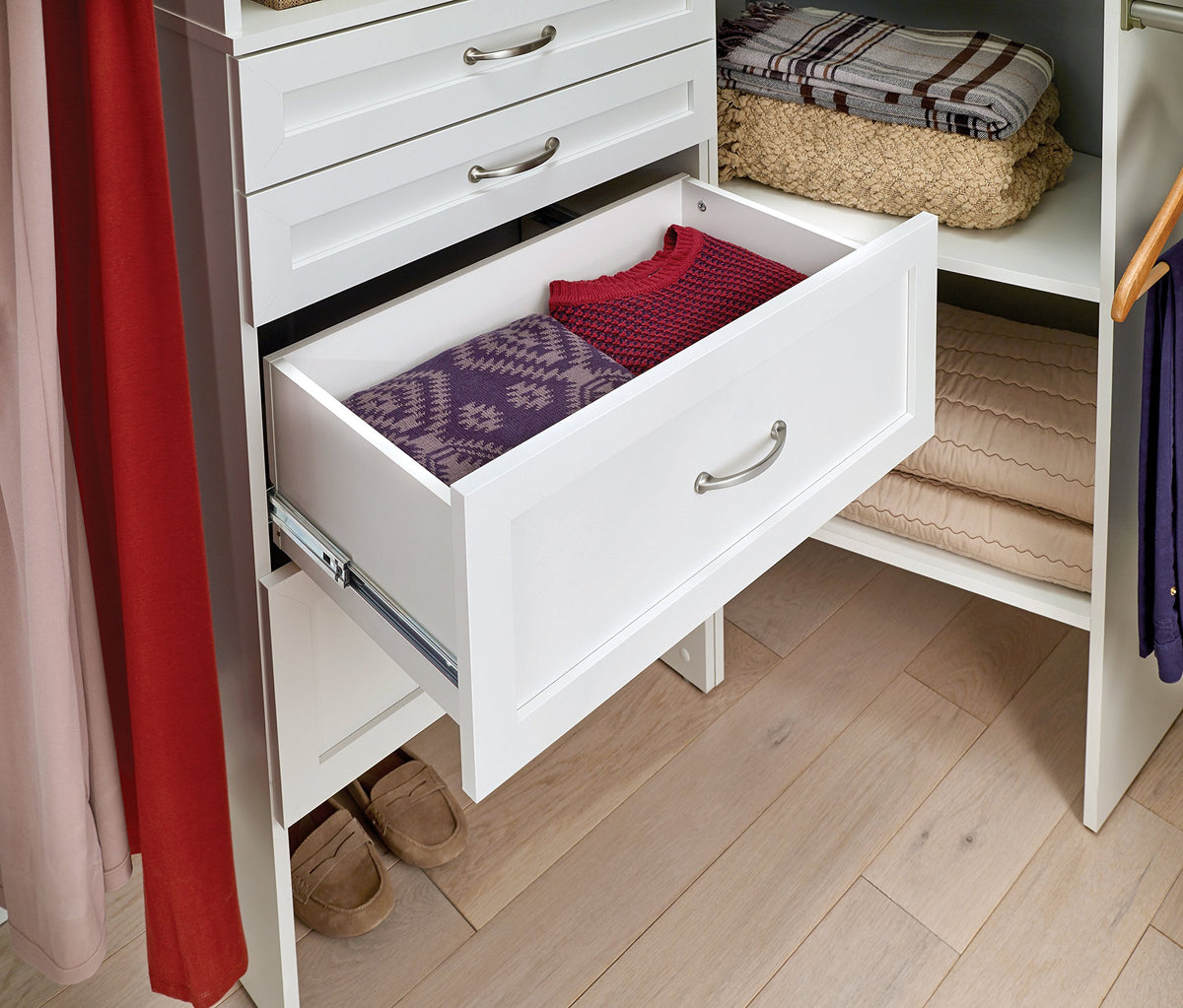 ClosetMaid SuiteSymphony drawer open demonstrates full-extension access for easy retrieval.