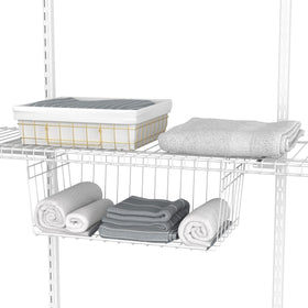 ClosetMaid wire hanging basket in a closet for organized items.