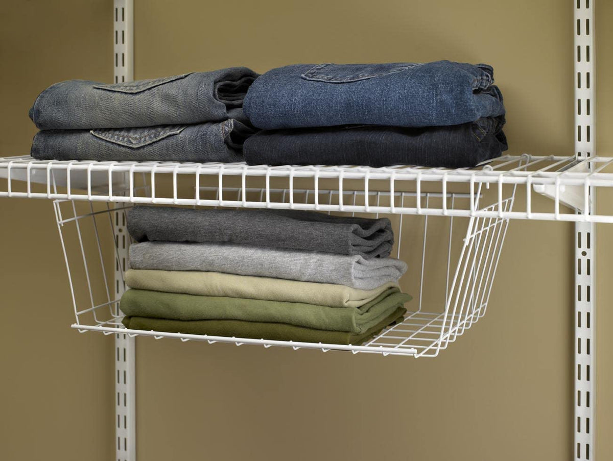ClosetMaid wire hanging basket stackable setup for extra storage.